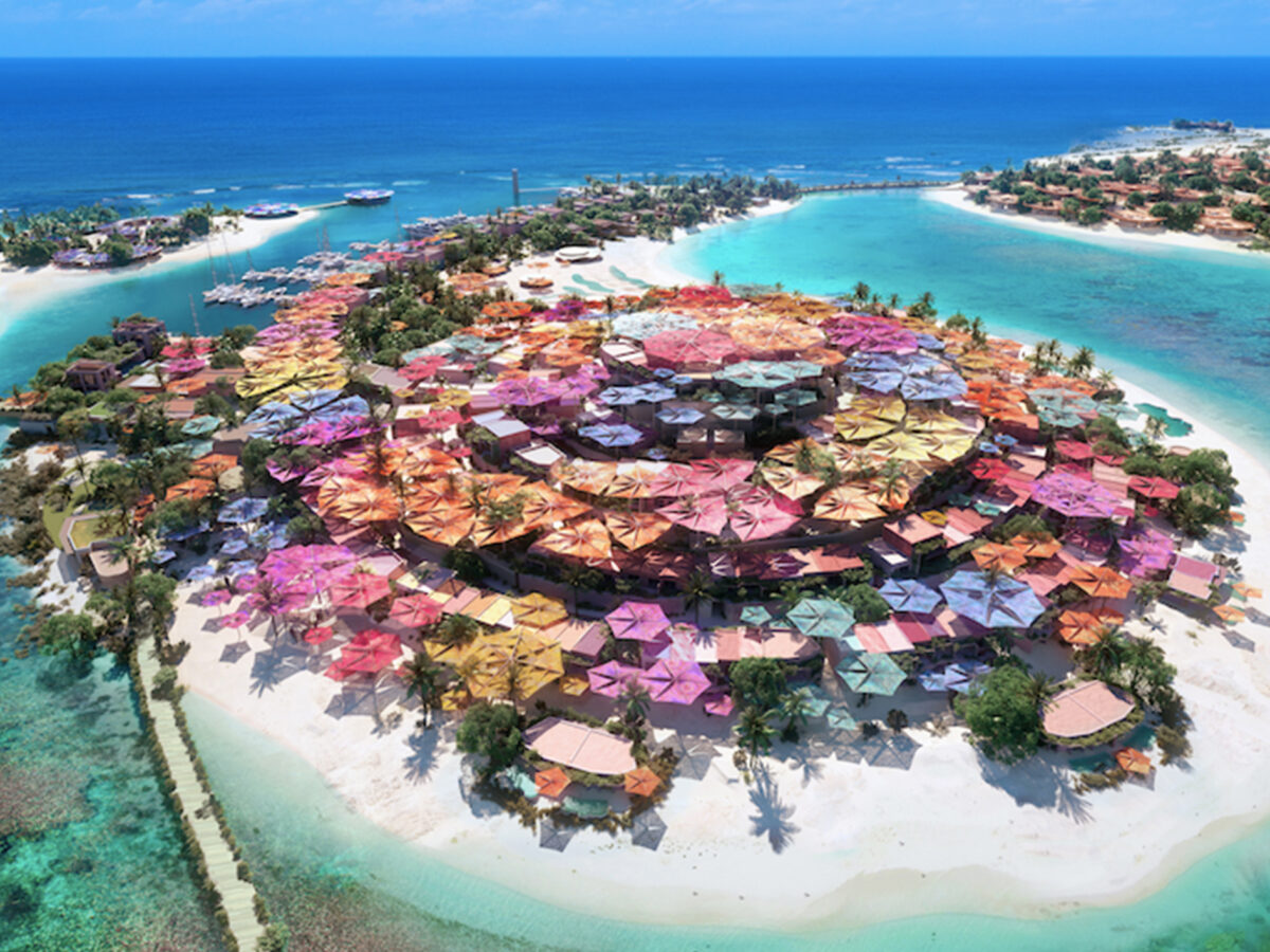 Grand Hyatt The Red Sea: aerial view of colourful hotels surrounded by pristine blue beaches and sand in The Red Sea, Saudi Arabia