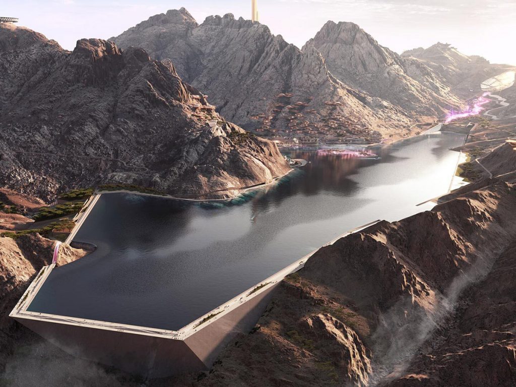 Trojena by Neom: Mock-up of manmade lake surrounded by mountains