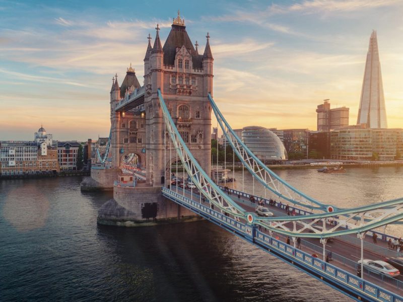 London, England, UK Tower Bridge with sunny sky