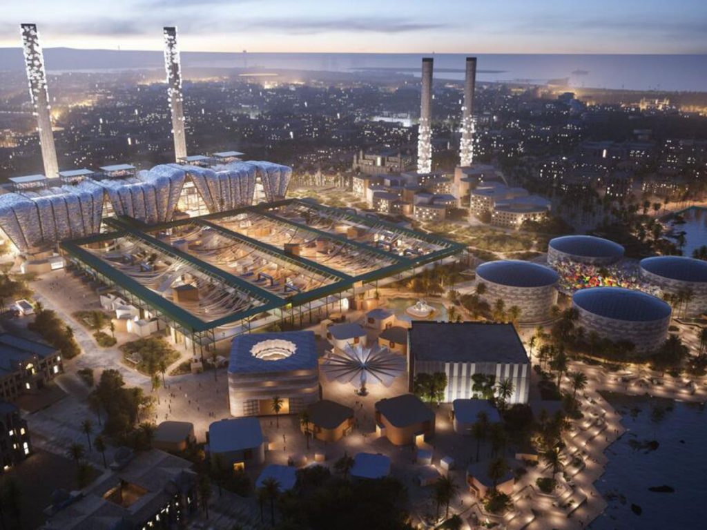 Upcoming Saudi Arabia attractions: Jeddah Central Project buildings lit up